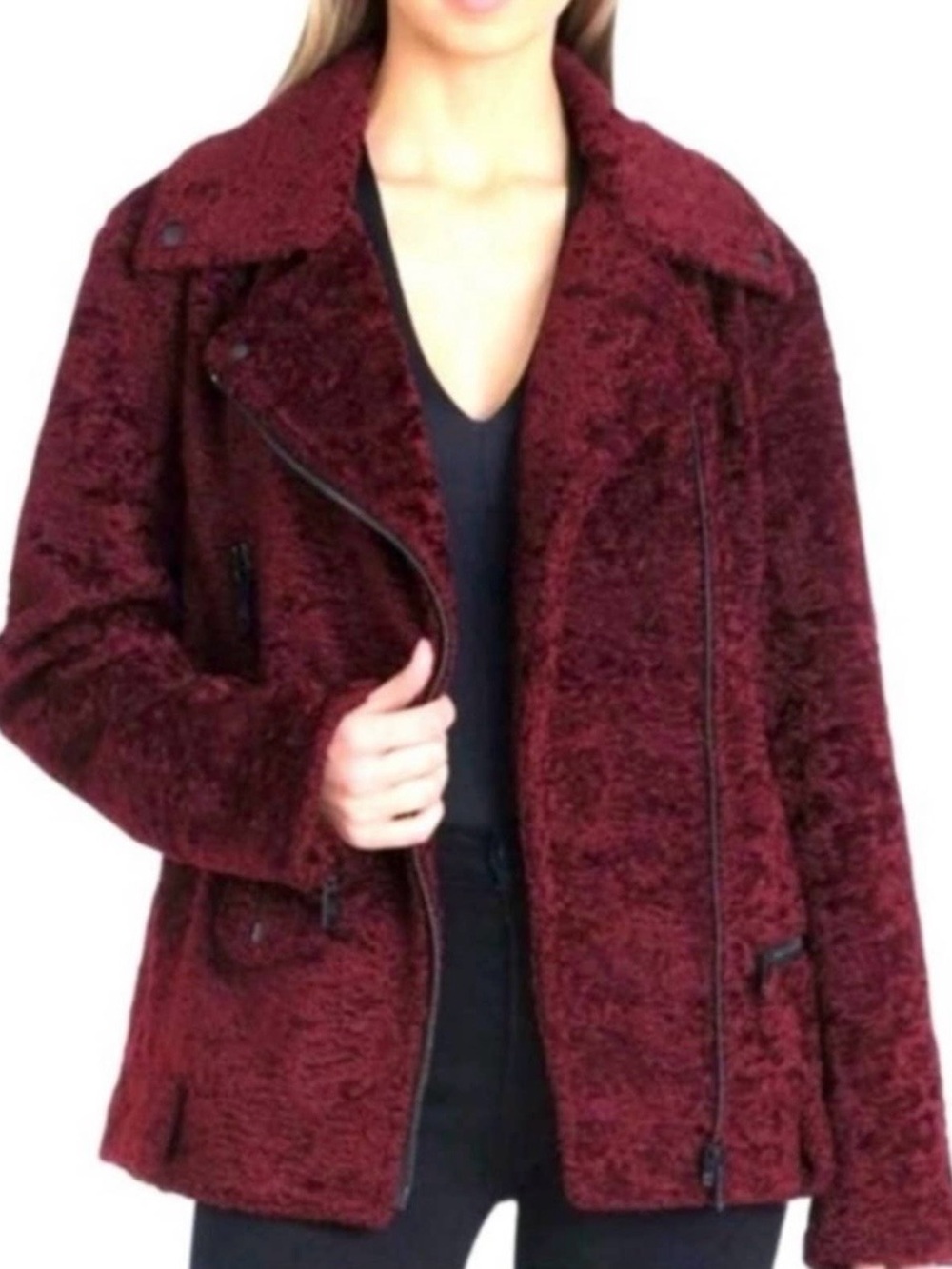 Avec Les Filles Anthropology Faux-Fur Burgundy Moto Jacket Size Large A00387